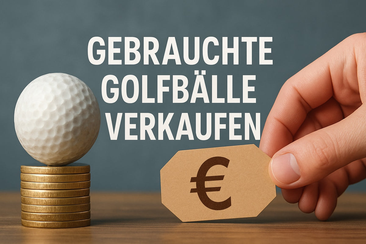 Golfball auf Münzstapel neben Preisschild: gebrauchte Golfbälle verkaufen
