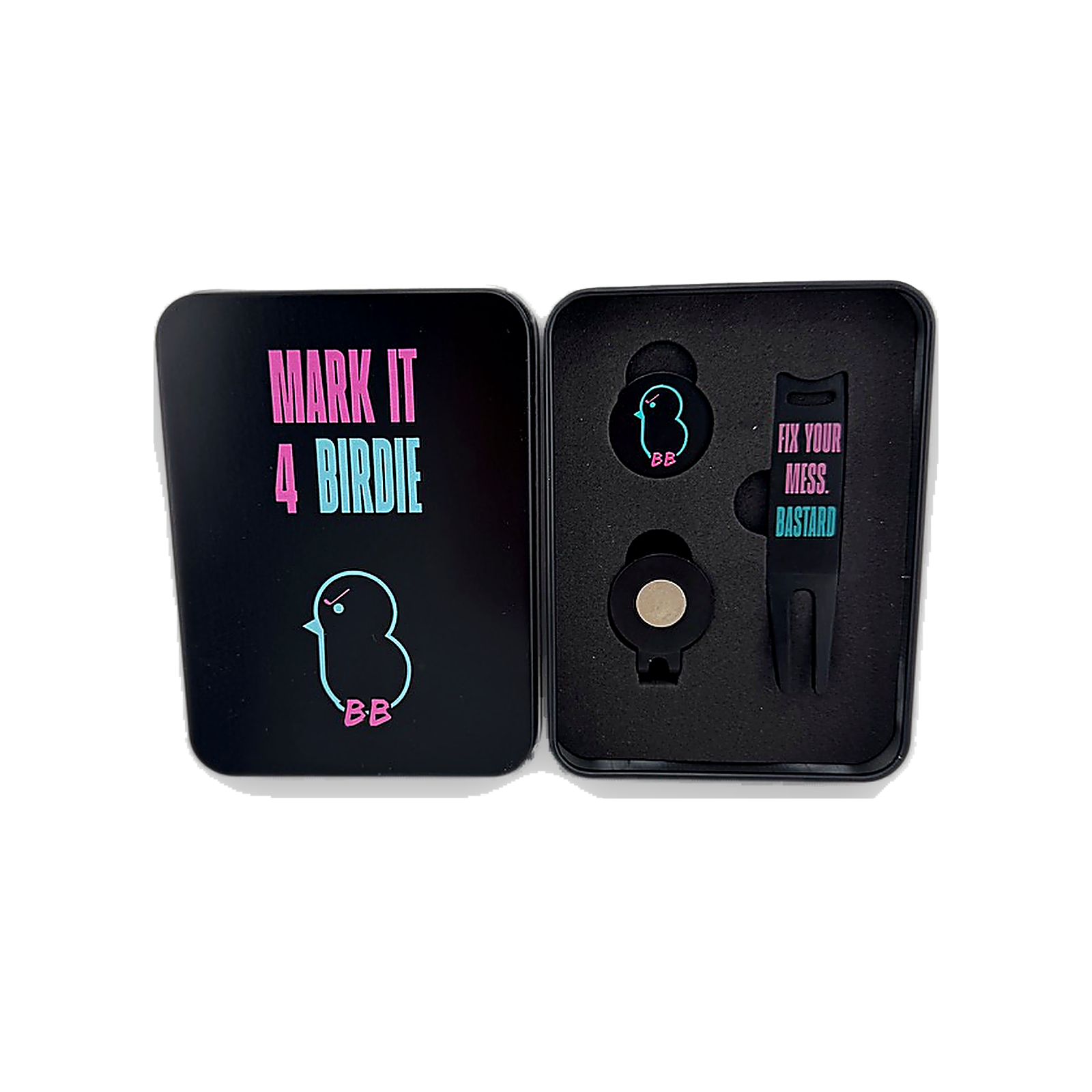 Birdie Bastards Markerset von oben – Marker, Magnethalter und Pitchgabel im Tin-Case