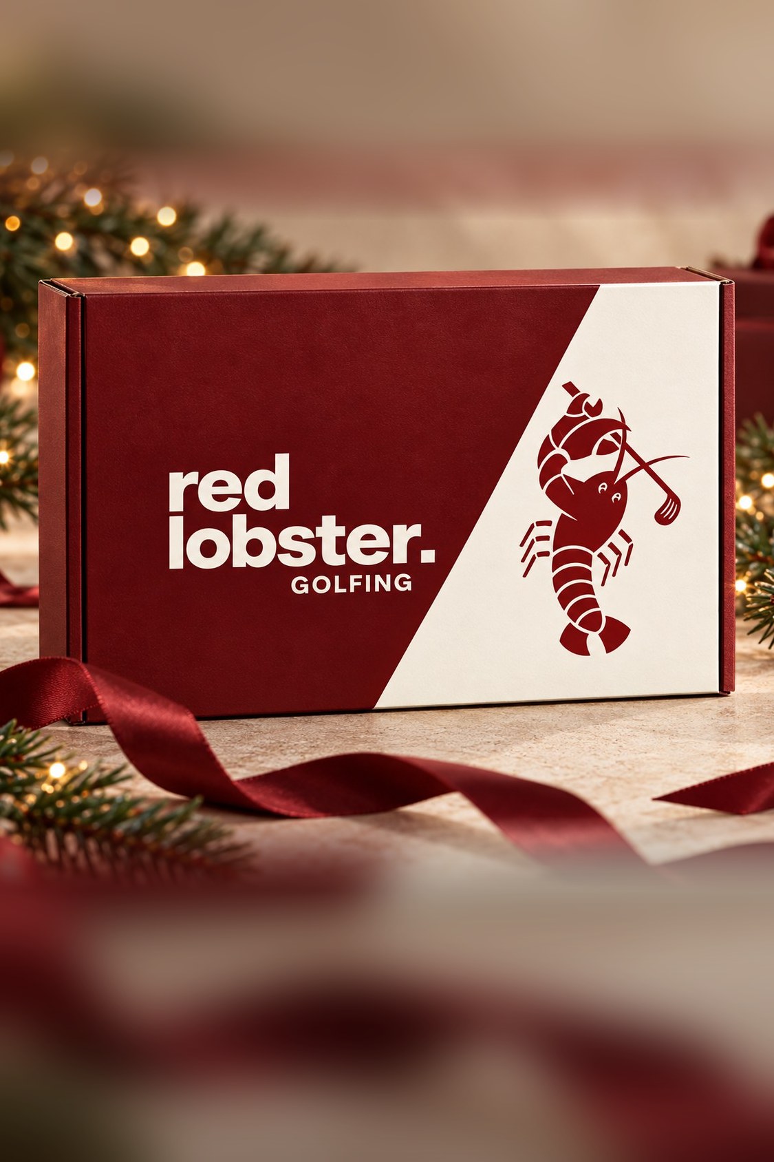 KI-Visualisierung: Geschenkbox des personalisierbaren Golf-Adventskalenders von Red Lobster Golfing mit Hummer-Logo; Kugeln, Zweige und Schleife sind Deko