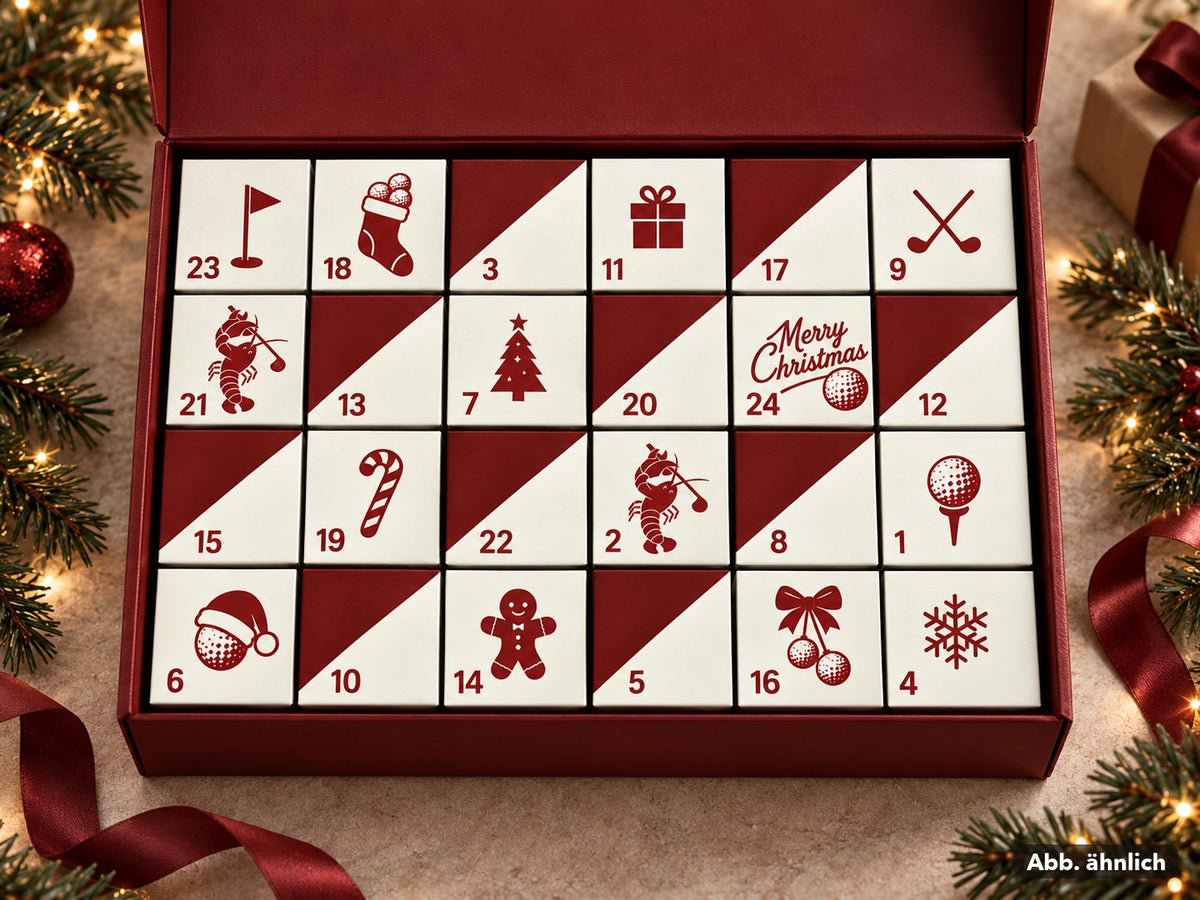 KI-Visualisierung (Abb. ähnlich): geöffneter Golf-Adventskalender von Red Lobster Golfing mit 24 Türchen; Kugeln, Zweige und Schleifen sind Deko