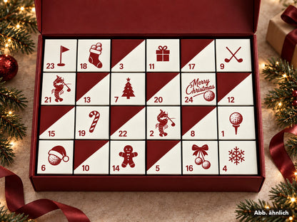 KI-Visualisierung (Abb. ähnlich): geöffneter Golf-Adventskalender von Red Lobster Golfing mit 24 Türchen; Kugeln, Zweige und Schleifen sind Deko