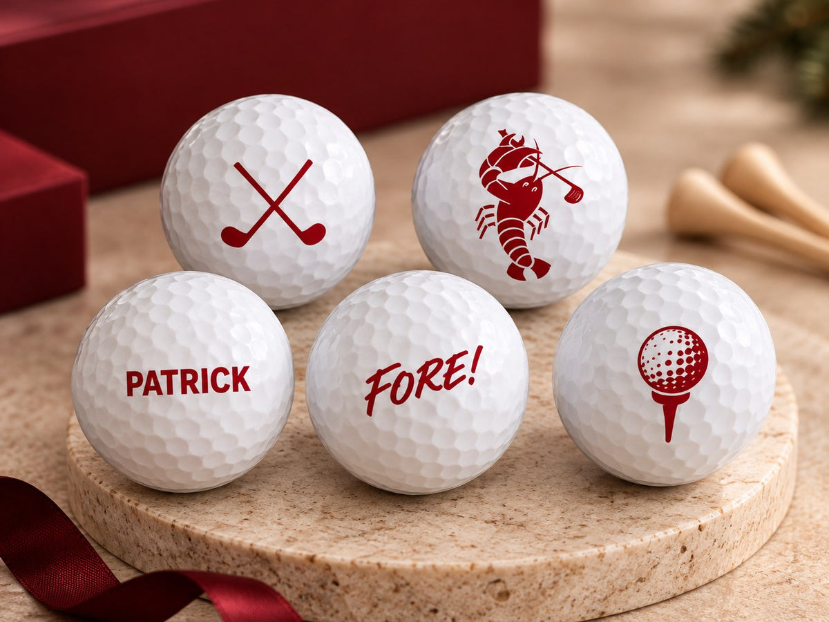 KI-Visualisierung: Golfbälle aus dem Golf-Adventskalender, beispielhaft bedruckt mit den Wunschtexten „PATRICK“ und „FORE!“; Tees und Schleife sind Deko