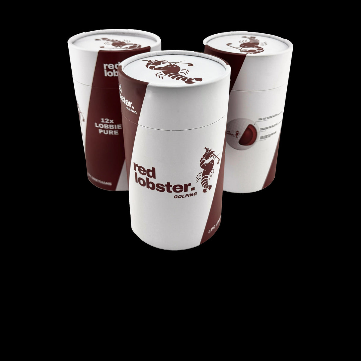 Drei Lobbie PURE Geschenk-Tuben von Red Lobster Golfing, eine mit dem Aufdruck „12x LOBBIE PURE“