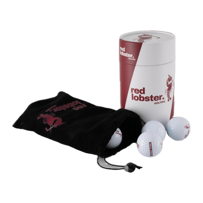 Lobbie PURE 12er-Set: Dutzend-Zylinder, schwarzer Samtbeutel und vier weiße Golfbälle mit Red Lobster Golfing Logo