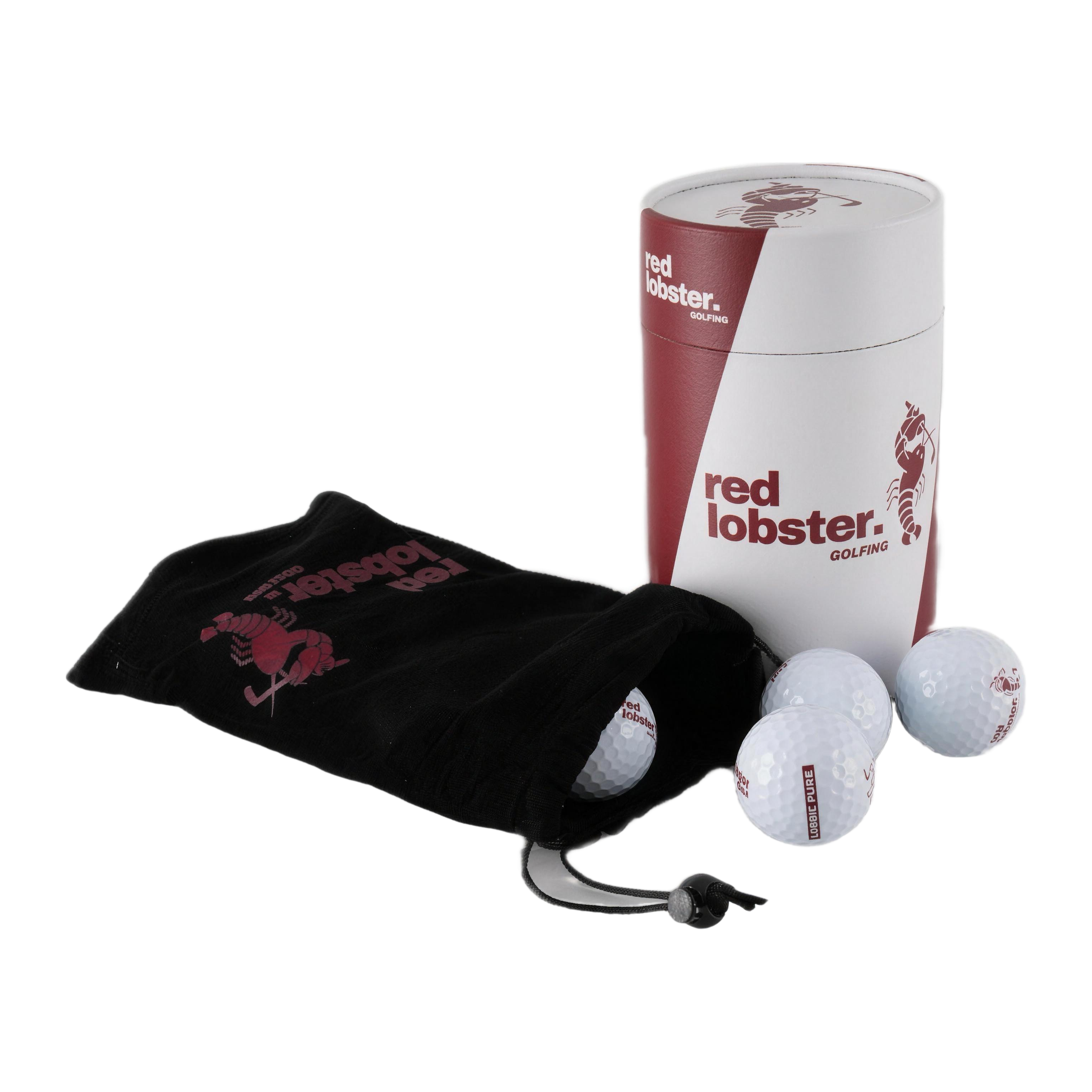 Lobbie PURE 12er-Set: Dutzend-Zylinder, schwarzer Samtbeutel und vier weiße Golfbälle mit Red Lobster Golfing Logo